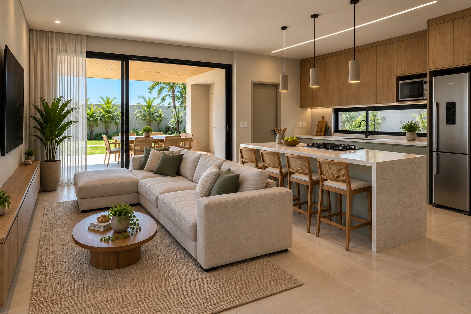 Render final da cozinha integrada com ilha, marcenaria amadeirada e vista para o jardim