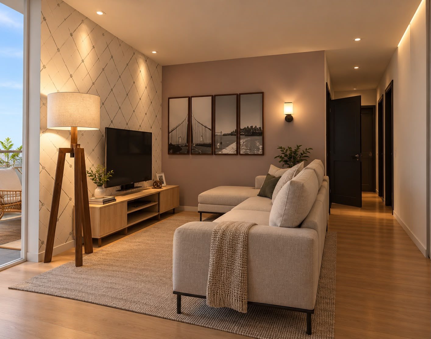 Render final da sala de estar com iluminação quente, sofá em L e corredor
